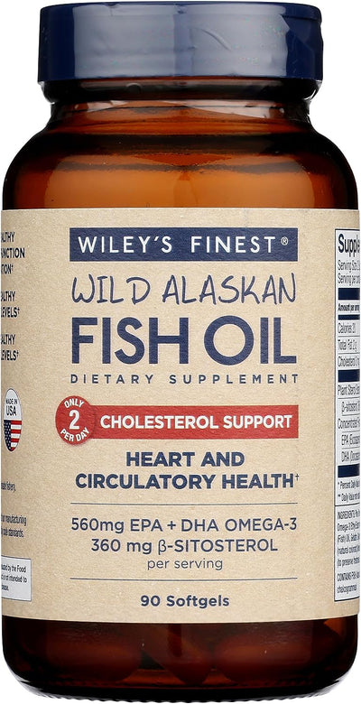 Wiley's Finest Wild Alaskan Fish Oil Cholesterol Support - Heart Health Supplement for Men and Women - 560mg Omega-3s - 90 Softgels
