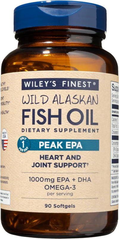 Wiley's Finest Wild Alaskan Fish Oil Peak EPA - Triple Strength Peak EPA and DHA - 1000mg Omega-3s, SQF-Certified - 90 Softgels