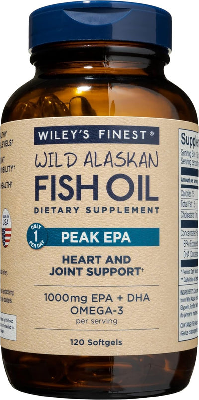 Wiley's Finest Wild Alaskan Fish Oil Peak EPA - Triple Strength Peak EPA and DHA - 1000mg Omega-3s, SQF-Certified - 120 Softgels