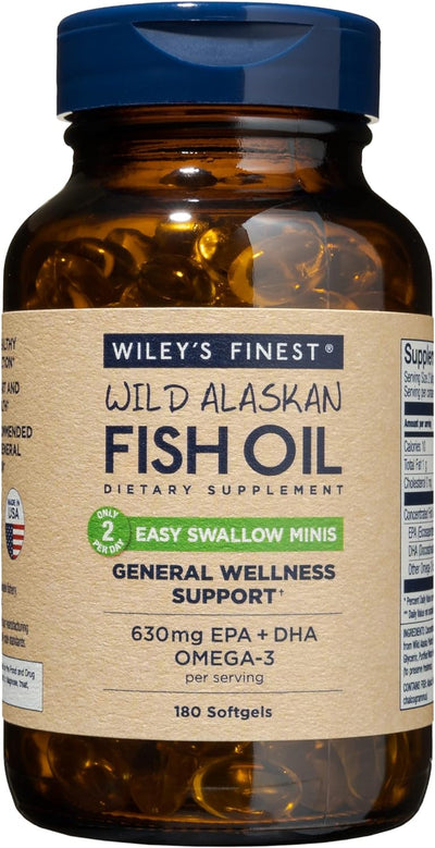 Wiley's Finest Wild Alaskan Fish Oil Easy Swallow Minis - Omega-3 Fish Oil Supplement for Adults and Kids - Double-Strength 630mg EPA and DHA Natural Supplement - 180 Mini Softgels