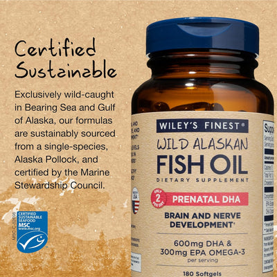 Wiley's Finest Wild Alaskan Fish Oil Prenatal DHA - 600mg DHA Omega-3s - 180 Softgels