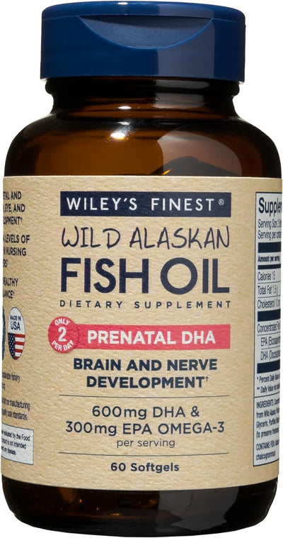 Wiley's Finest Wild Alaskan Fish Oil Prenatal DHA - 720mg EPA and DHA Omega-3s for Pregnant Women and Nursing Mothers - 60 Softgels