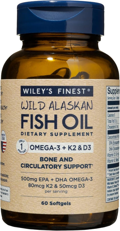 Wiley's Finest Wild Alaskan Fish Oil Vitamin K2 Softgels - 500mg of EPA and DHA Omega-3s for Bone and Heart Health Support - 60 Softgels