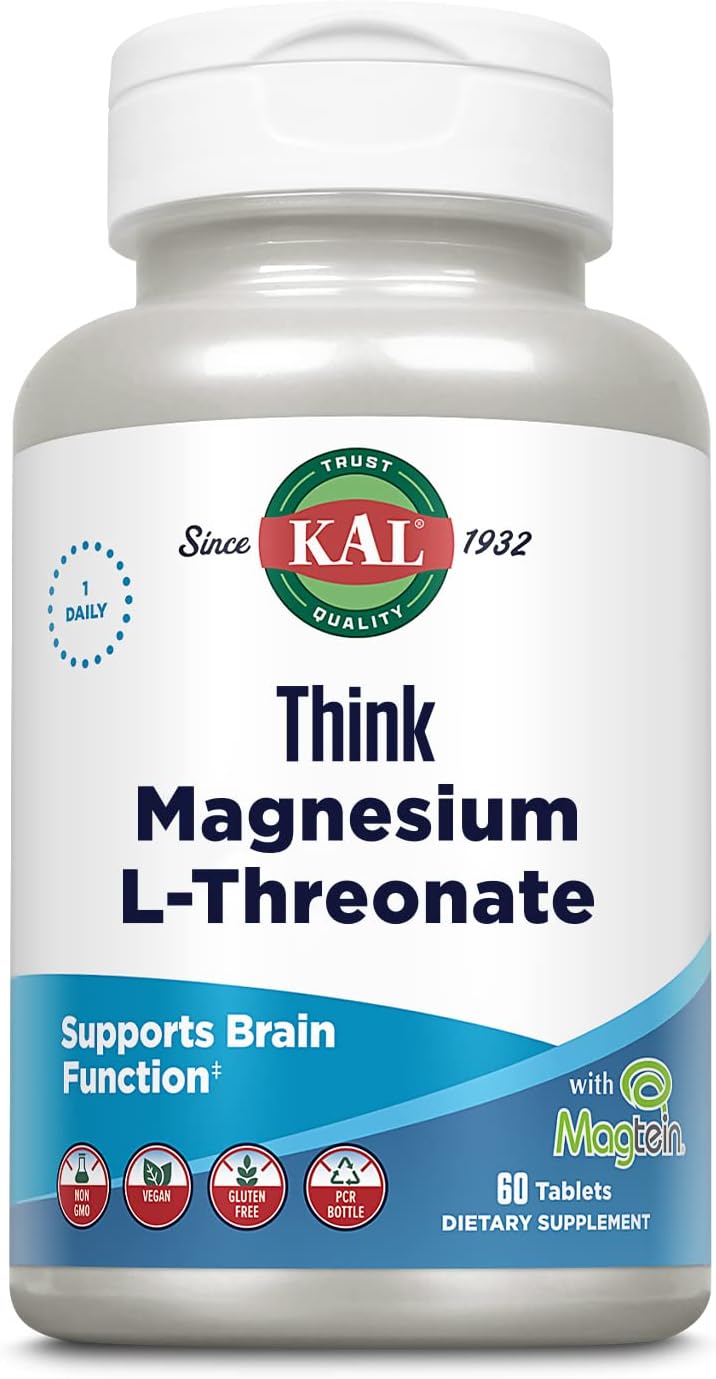 KAL Think Magnesium L-Threonate 2000 mg | Learning, Brain Health & Memory Function Support w/Magtein | Vegan, No Gluten & Non-GMO | 60 Tablets