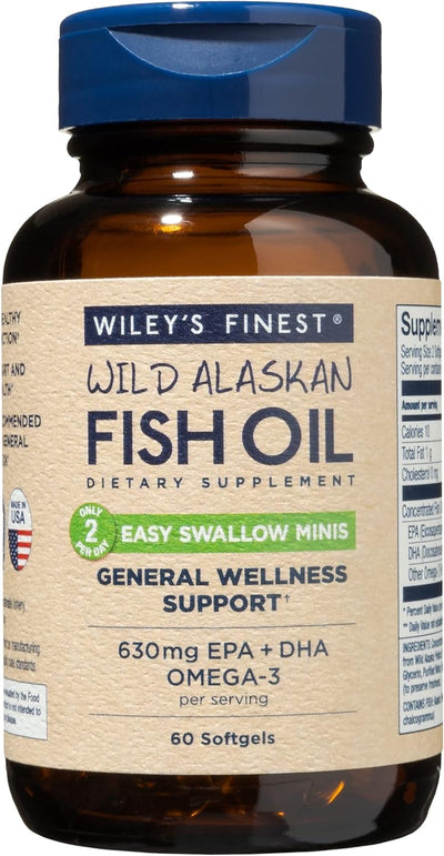 Wiley's Finest Wild Alaskan Fish Oil Easy Swallow Minis - Omega-3 Fish Oil Supplement for Adults and Kids - Double-Strength 630mg EPA and DHA Natural Supplement - 60 Mini Softgels