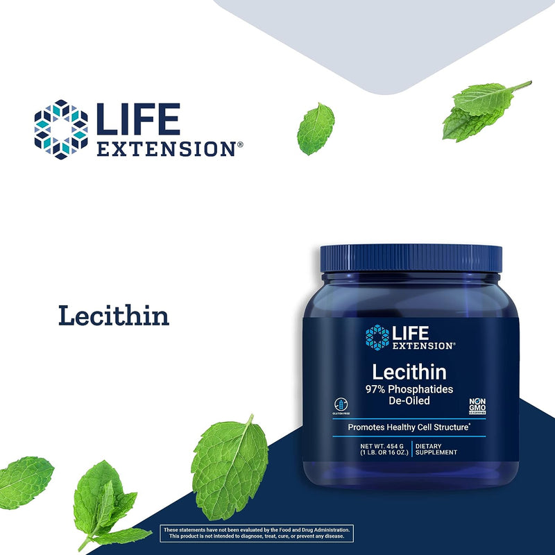Life Extension Lecithin - 97% Phosphatides De-Oiled - Soy Based Vegan Lecithin Supplement Powder for Brain Health, Liver Health and Detox - Non-GMO, Gluten-Free, Vegetarian - 1 Pound (41 Serving)