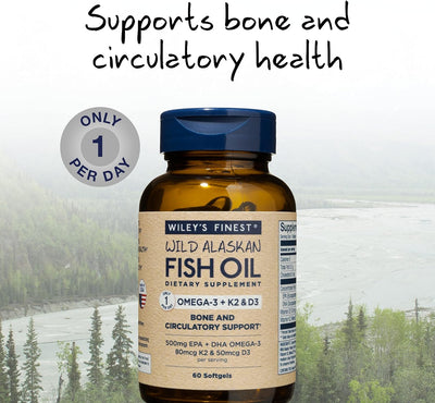Wiley's Finest Wild Alaskan Fish Oil Vitamin K2 Softgels - 500mg of EPA and DHA Omega-3s for Bone and Heart Health Support - 60 Softgels