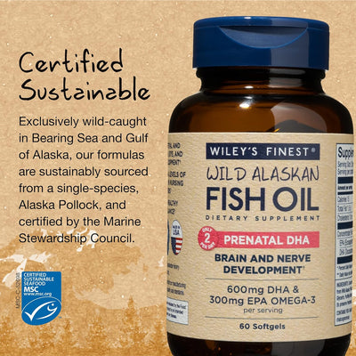 Wiley's Finest Wild Alaskan Fish Oil Prenatal DHA - 720mg EPA and DHA Omega-3s for Pregnant Women and Nursing Mothers - 60 Softgels