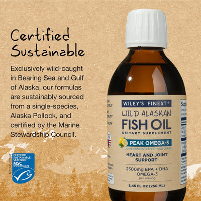 Wiley's Finest Wild Alaskan Fish Oil Peak Omega-3 Liquid Supplement - 2300mg EPA and DHA Omega-3s - Lemon Flavor - 8.45 Oz