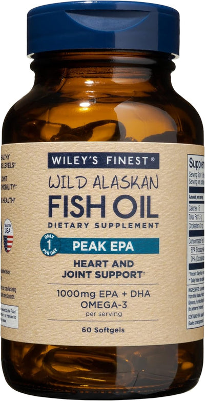 Wiley's Finest Wild Alaskan Fish Oil Peak EPA - Triple Strength Peak EPA and DHA - 1000mg Omega-3s, SQF-Certified - 60 Softgels