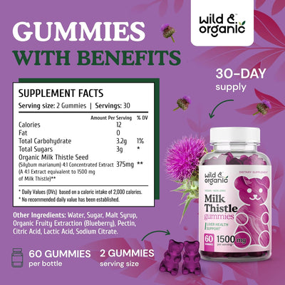 Wild & Organic Milk Thistle Gummies - Liver Cleanse & Repair Liver Supplement 60 Gummies