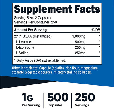 Nutricost BCAA Capsules (1000 MG) (500 Capsules)