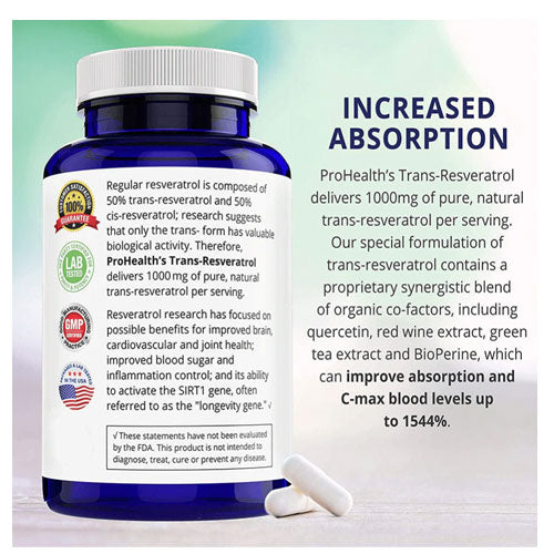 ProHealth Longevity Trans-Resveratrol (1000 mg per 2 capsule serving, 60 capsules)